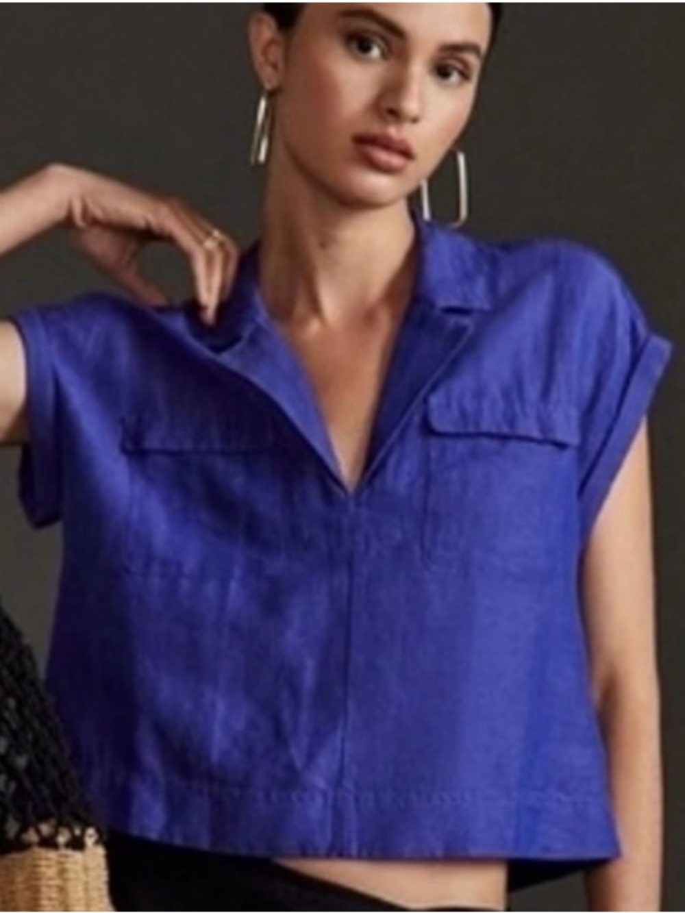 Anthropologie Linen Cotton Blend Short Sleeve Cropped Collard Shirt Size Medium